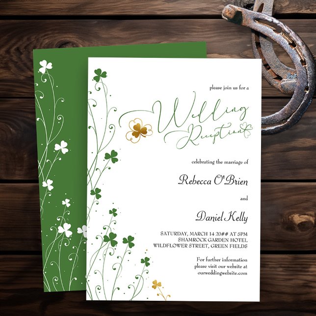 Kleeblatt Wildblume Green Gold Hochzeitsempfang Einladung (Wedding Reception invitation from my Shamrock Wildflower wedding collection)