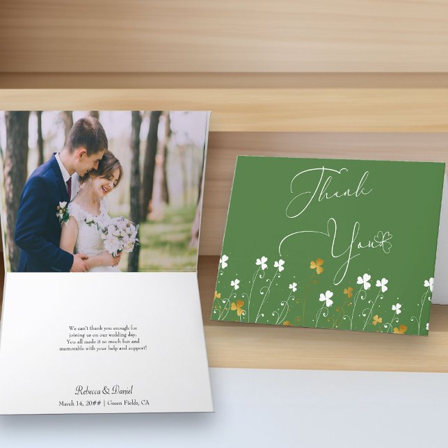 Kleeblatt Wildblume Green Wedding Foto Dankeskarte (Wedding Photo Thank You Card from my Shamrock Wildflower Collection)