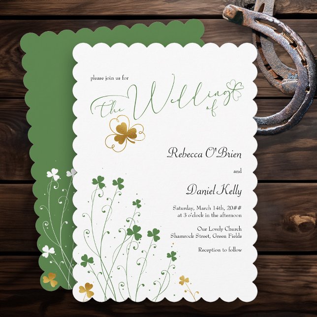 Kleeblatt Wildblume Grün und Gold Hochzeit Einladung (Elegant Wedding Invitation from my Shamrock Wildflower wedding collection)