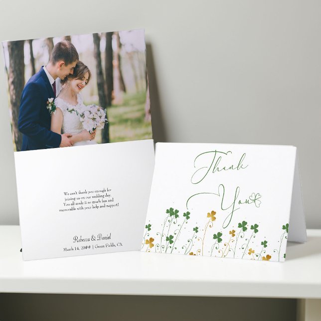 Kleeblatt Wildblume White Wedding Foto Dankeskarte (Wedding Photo Thank You card from my Shamrock Wildflower Wedding Collection)