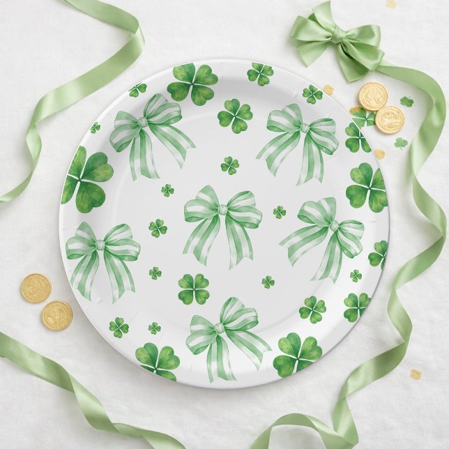Kleeblattgrüne Schleife St. Patricks Day  Pappteller (Shamrock Green Bow St. Patricks Day Paper Plates)