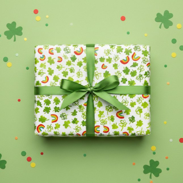 Kleeblatts & Rainbows St Patricks Day Geschenkpapier Set (Watercolor Shamrocks & Rainbows St Patricks Day Wrapping Paper Sheets
)