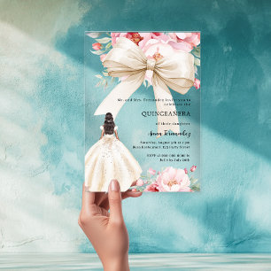 Kleid Bow rosa Floralien klare Quinceanera Acryleinladungen