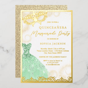 Kleid Gold Grün Maskenball Quinceanera  Folieneinladung