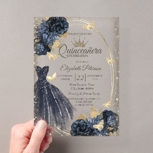 Kleid mit blauem Glitter, Rosen, Schmetterlinge Acryleinladungen