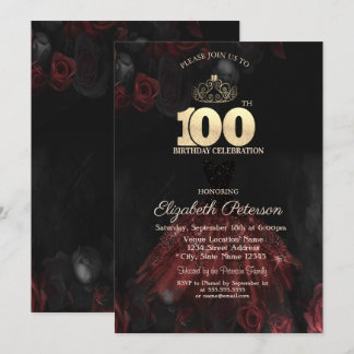 Kleid, Tiara, Rote Rosen 100. Geburtstag Einladung