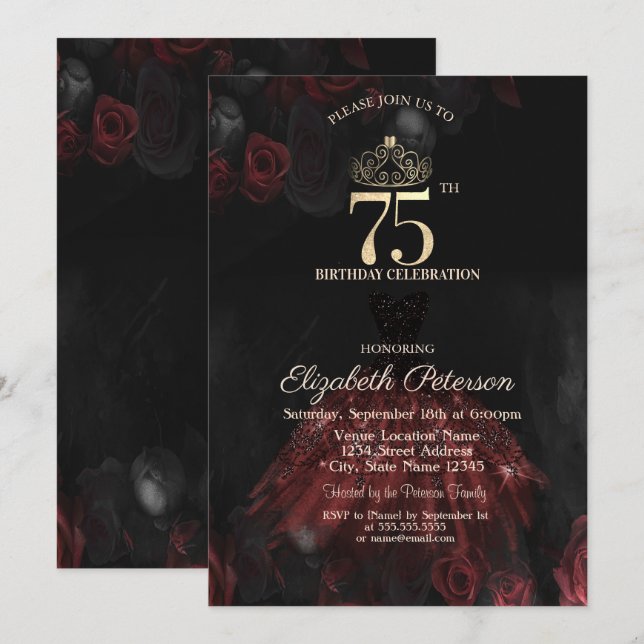 Kleid, Tiara, Rote Rosen 75. Geburtstag Einladung (Vorne/Hinten)