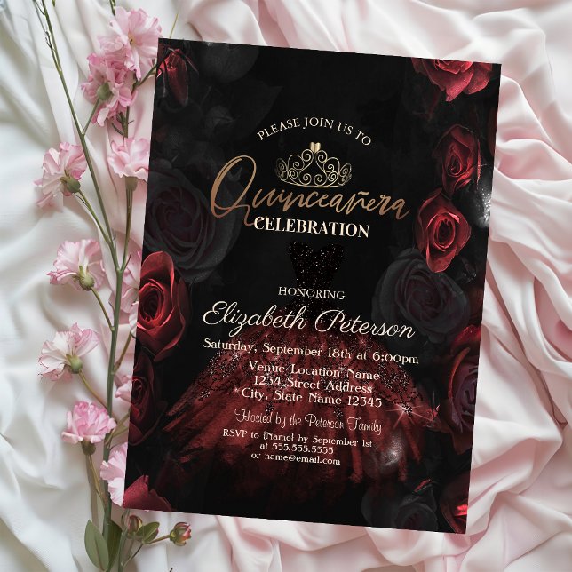 Kleid, Tiara, schicke Rote Rosen Quinceañera Einladung (Von Creator hochgeladen)