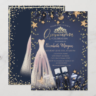 Kleid, Zweige, Diamanten Navyblaue Quinceañera Einladung