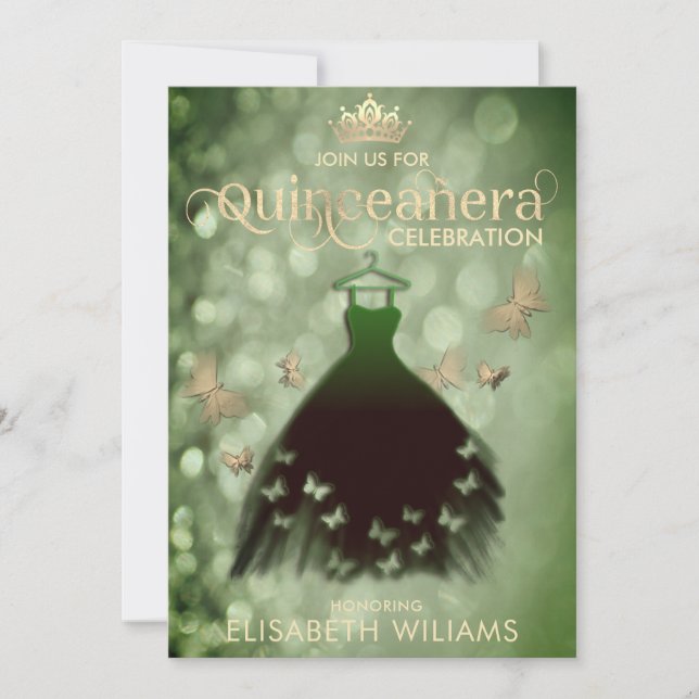 Kleider für den grünen Schmetterling Quinceañera Einladung (Vorderseite)