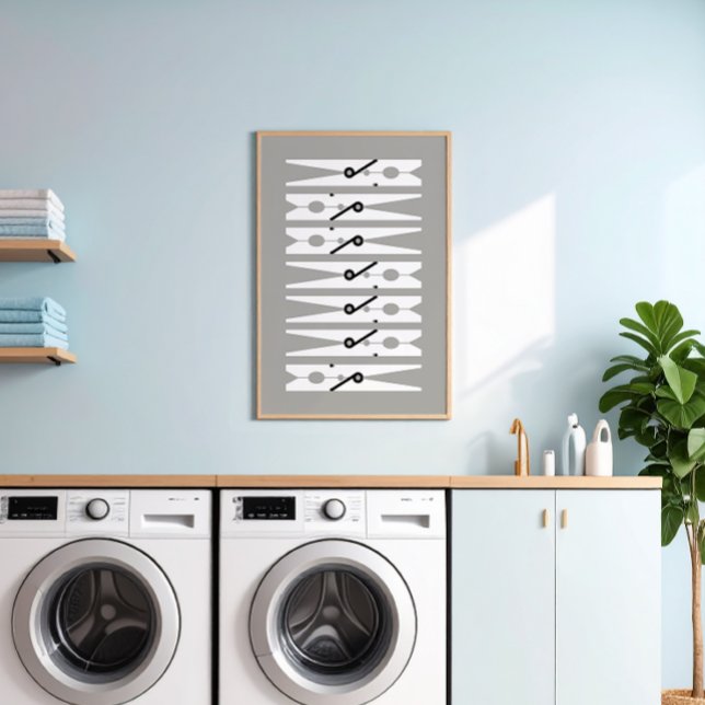 Kleidung Button Schwarz-weiß und graue Wäscherei R Poster (medium gray and white modern graphic clothes pins art for a fun laundry room)