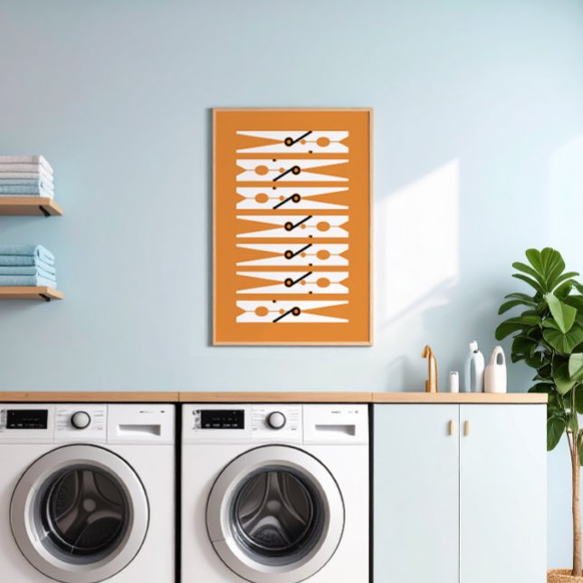 Kleidung Button Schwarz-weiß und Orange Wäscherei  Poster (retro rust orange and white modern graphic clothes pins art for a fun laundry room)