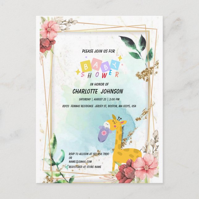 Kleidung mit Giraffe, Boho Floral Baby Dusche Postkarte (Vorderseite)