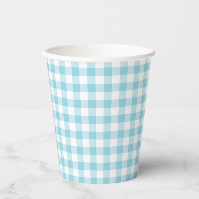 Klein Robin-Ei Blau-Weiß Gingham Pappbecher (Vorderseite)