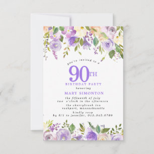 KLEINE 90. Geburtstagsfeier Lila Rosen Blumenstrau Einladung