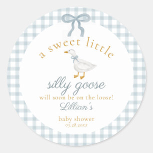 Kleine alberne Gans-Bow-Baby-Party Blau Gingham Runder Aufkleber
