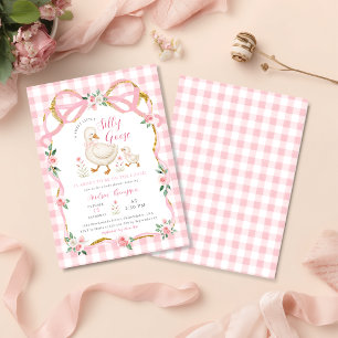 Kleine alberne Gans Gingham Rosa Blumen Baby-Party Einladung