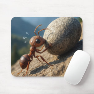Kleine Ameise schiebt einen Felsen bergauf Mousepad