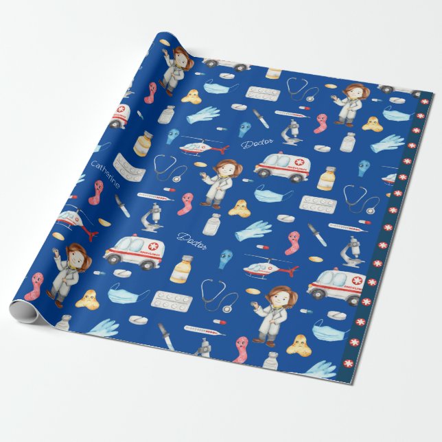 Kleine Ärztin mit dem Namen, blau Geschenkpapier (Ungerollt)