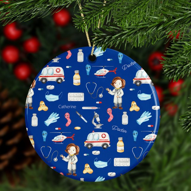 Kleine Ärztin mit dem Namen, blau Keramik Ornament (Von Creator hochgeladen)