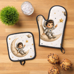 Kleine Astronauten-Küchenschürze Ofenhandschuh & Topflappen-Set