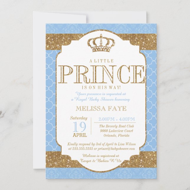 Kleine Baby-Blau-GoldBabyparty Prinz-Royal Einladung (Vorderseite)