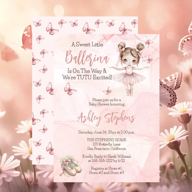 Kleine Ballerina ist auf dem Weg Tutu Babydusche Einladung ("A Sweet Little Ballerina Is On The Way & We're TUTU Excited!" Pink Girl Baby Shower Invitation)