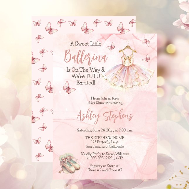 Kleine Ballerina ist auf dem Weg Tutu Babydusche Einladung ("A Sweet Little Ballerina Is On The Way & We're TUTU Excited!" Pink Girl Baby Shower Invitation)