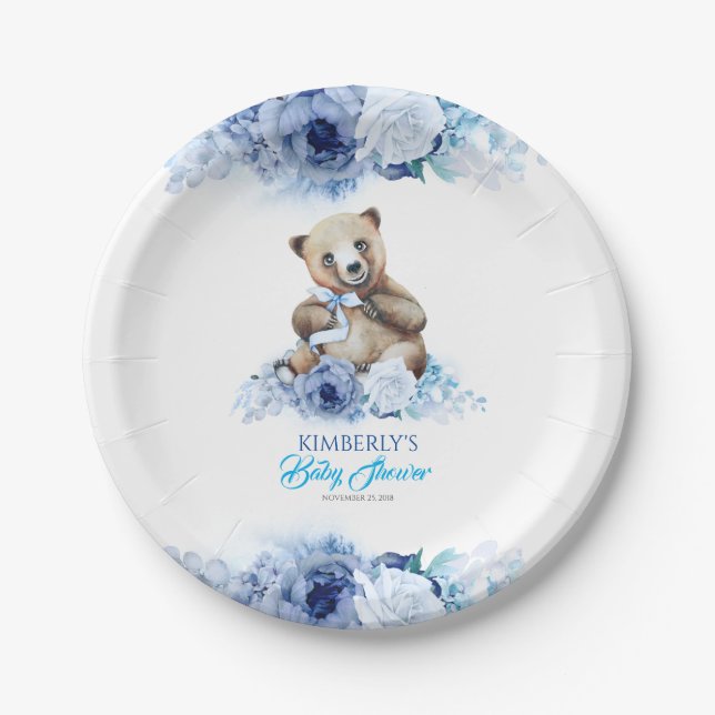 Kleine Bären und Blautöne Blume Babydusche Pappteller (Vorderseite)