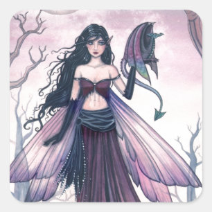 Kleine Bestie Lila Fee und Drachen Fantasy-Kunst Quadratischer Aufkleber