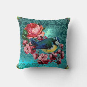 KLEINE BIRD- UND PINKROSEN AQUA BLAU, AQUAMARINER KISSEN