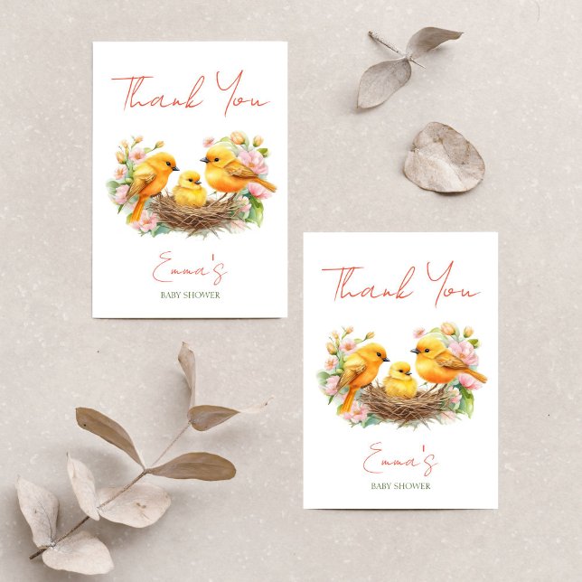 Kleine Birdie Schlüpfen bald Frühlingshaube Dankeskarte (Little birdie hatching soon spring baby shower thank you card cute canary birds with baby chick)