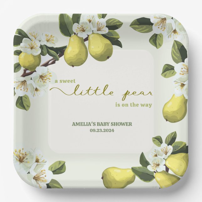 Kleine Birne ist auf dem Weg Obstthema Babydusche Pappteller (Vorderseite)