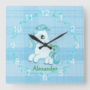 Kleine blaue Pony-Kinderzimmer-Wanduhr Quadratische Wanduhr