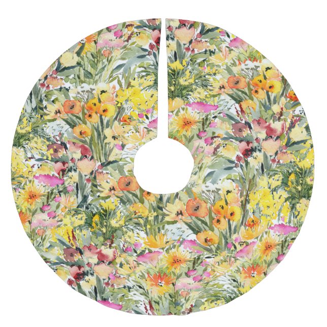 Kleine Blume Feld: Helle Wasserfarbe. Polyester Weihnachtsbaumdecke (Vorderseite)