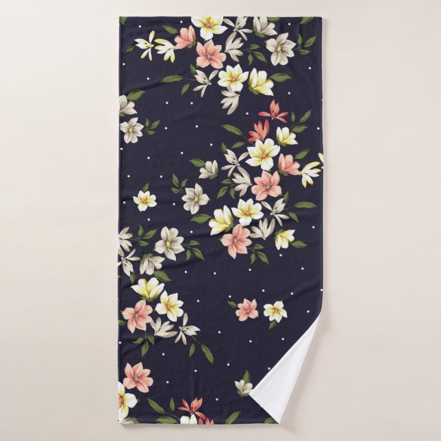 Kleine Blume in Rosa und Braun mit grünem Leinen Badehandtuch (Badehandtuch)