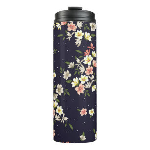 Kleine Blume in Rosa und Braun mit grünem Leinen Thermosbecher