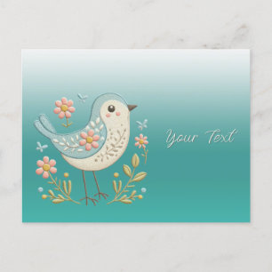 Kleine Blumenstickerei Vogel Grün Postkarte
