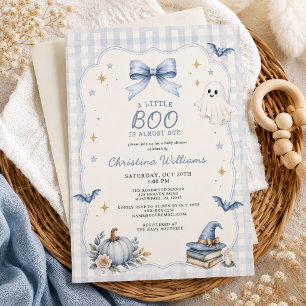 Kleine Boo Blaue Gingham Halloween-Baby-Party Einladung