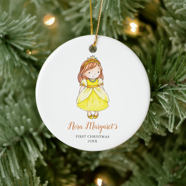 Kleine Brünette Girl Baby First Christmas Prinzess Keramik Ornament (Baum)