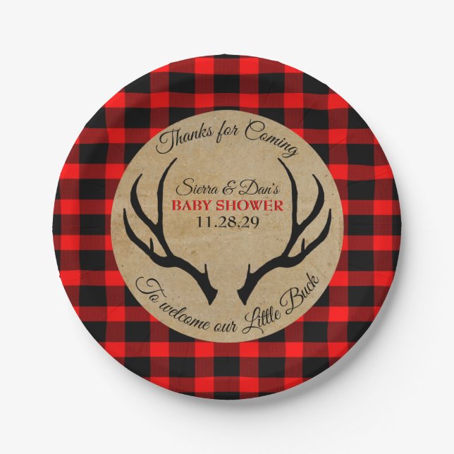 Kleine Buck Rustic Antlers Babydusche Pappteller (Vorderseite)