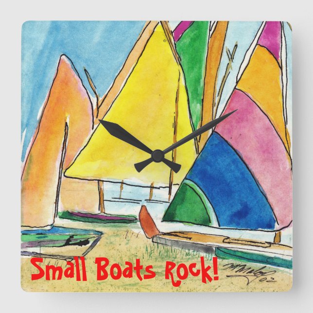 Kleine bunte Segelboote auf Strand-Uhr Quadratische Wanduhr (Vorderseite)