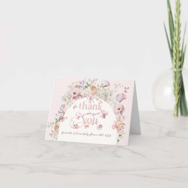 Kleine Buterfly Blush Pink Floral Girl Babydusche Dankeskarte (Vorderseite)