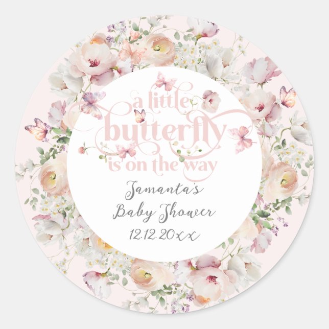 Kleine Buterfly Blush Pink Floral Girl Babydusche Runder Aufkleber (Vorderseite)