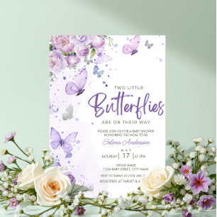 Kleine Butterfliegen Lila Floral Twins Baby Dusche Einladung