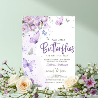 Kleine Butterfliegen Lila Floral Twins Baby Dusche Einladung