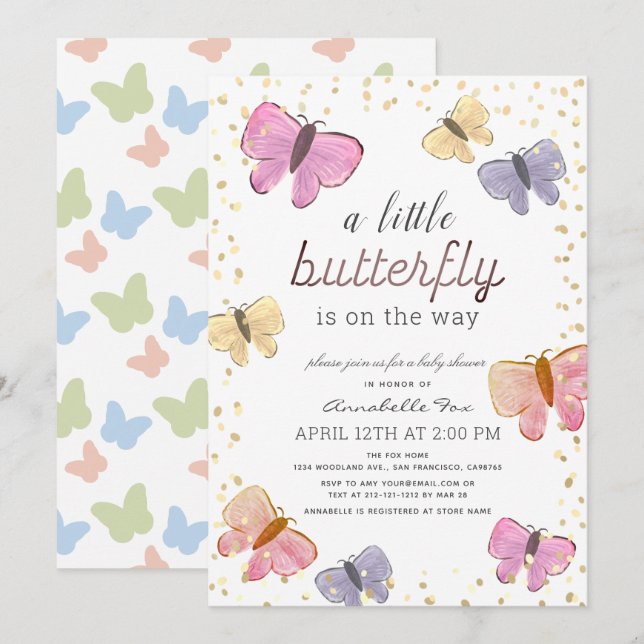 Kleine Butterfly-Babydusche Einladung (Vorne/Hinten)