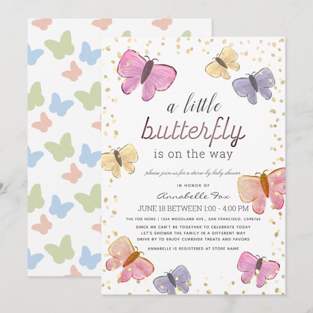 Kleine Butterfly Drive-by-Baby-Dusche Einladung (Vorne/Hinten)