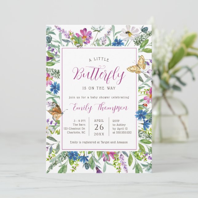 Kleine Butterfly Spring Wildblume Babydusche Einladung (Stehend Vorderseite)
