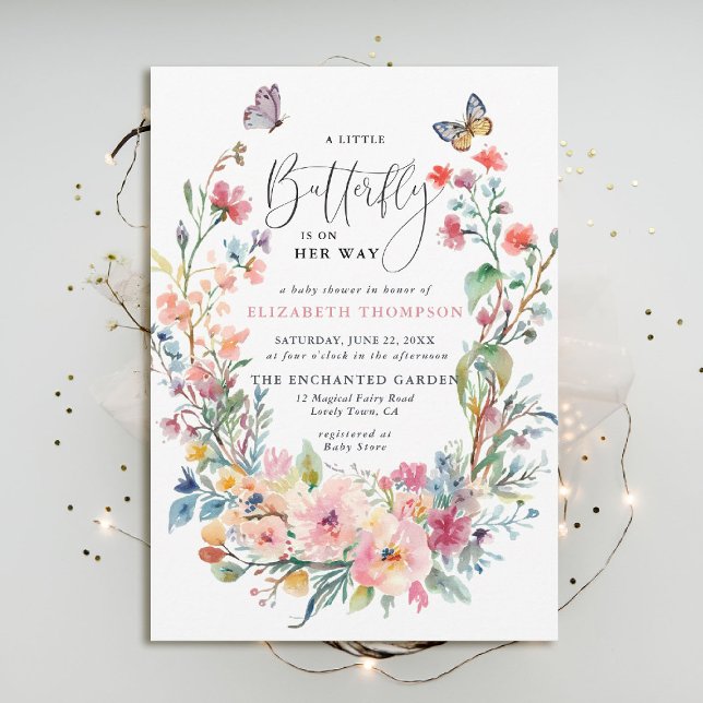 Kleine Butterfly-Wildblumen Whimsical Baby Dusche Einladung (butterfly baby shower invitation enchanted garden woodland forest bird spring summer whimsical roses)